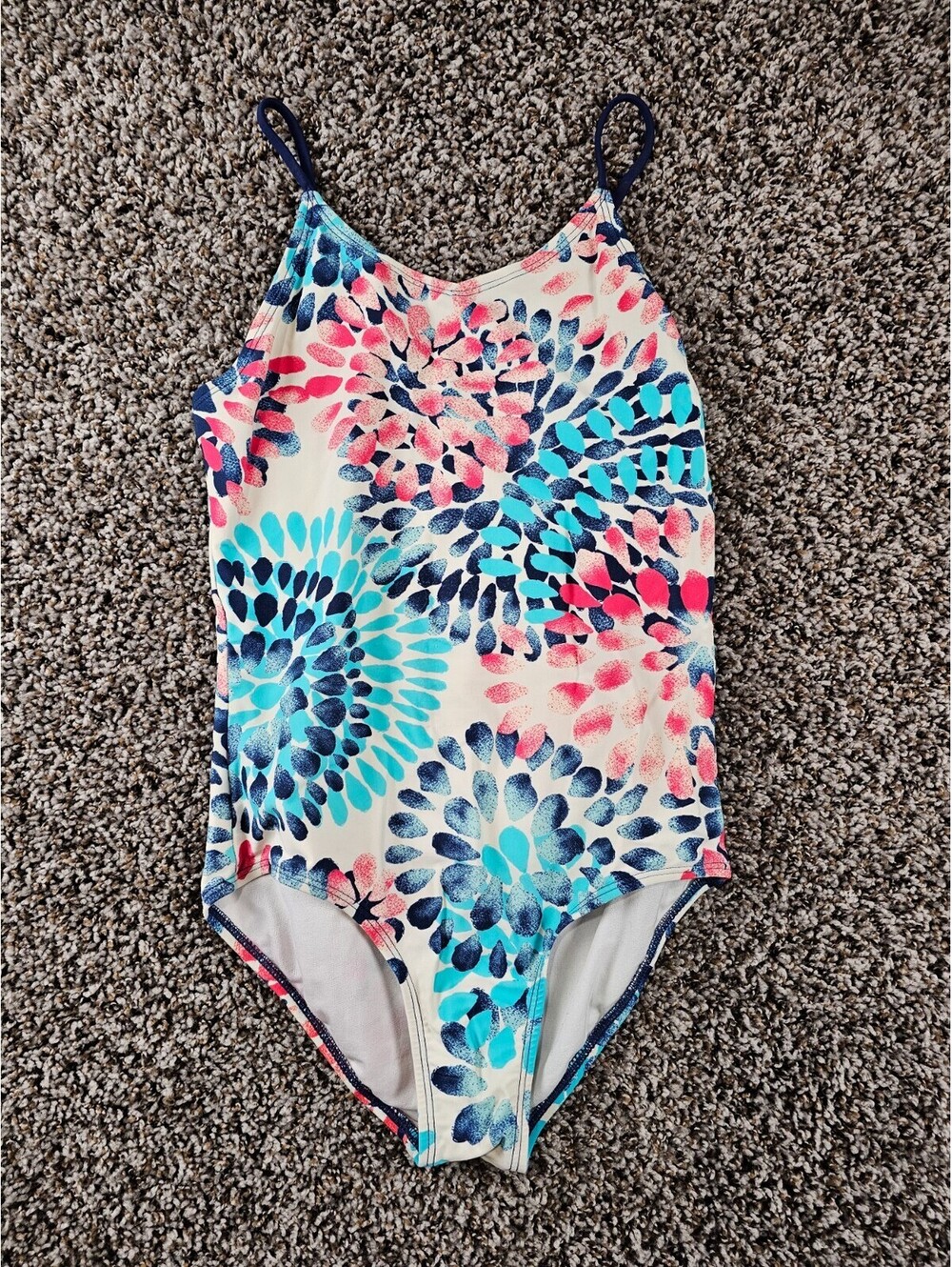 Okami Hawaii Girls Sz 14 One Piece Swimsuit Blue Pink Geometric Floral Print